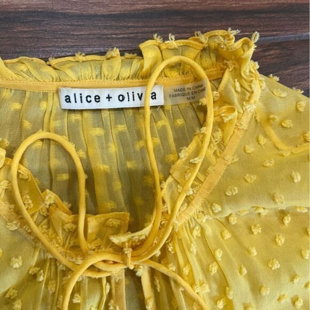 ALICE + OLIVIA Medium Julius Yellow Sheer Dot Dobby Ruffle Short Sleeve Blouse - Picture 5 of 5
